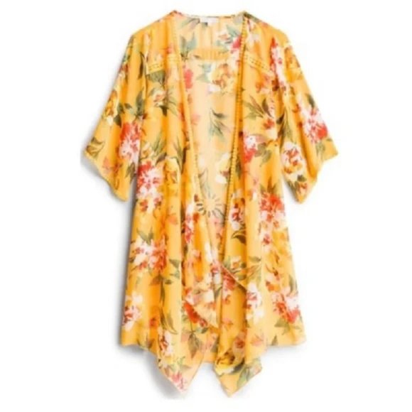 EMORY PARK Stitch Fix Landry Crochet Trim Open Kimono Yellow Floral Size Med New - Picture 4 of 9
